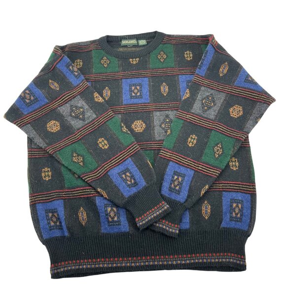 Saddlebred Mens Vintage Wool Blend Sweater L Geometric Pattern Green Blue - Picture 1 of 4